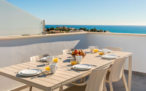 Skyhill Nerja: Furniture, Table, Outdoor Furniture, Chair, Flooring, Kitchen & Dining Room Table, Outdoor Table, Floor, Restaurant, Dining Room