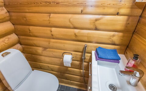 Levin Ainola: Flooring, Toilet Seat, Floor, Toilet, Bathroom, Plumbing Fixture, Plumbing, Hardwood, Wood Stain, Log Cabin
