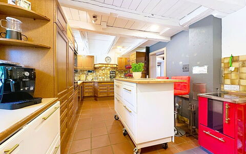 Schwarzwaldhof mit Pool & Sauna: Flooring, Interior Design, Furniture, Kitchen, Wood, Ceiling, Floor, Countertop, Major Appliance, Cabinetry