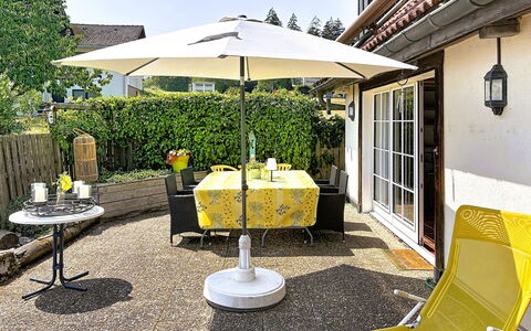 Schwarzwaldhof mit Pool & Sauna: Furniture, Chair, Umbrella, Outdoor Furniture, Table, Outdoor Table, Garden, Shade, Patio