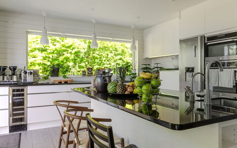 Villa Anja: Furniture, Kitchen, Countertop, Interior Design, Kitchen Appliance, Flooring, Light Fixture, Home, Ceiling, Cabinetry