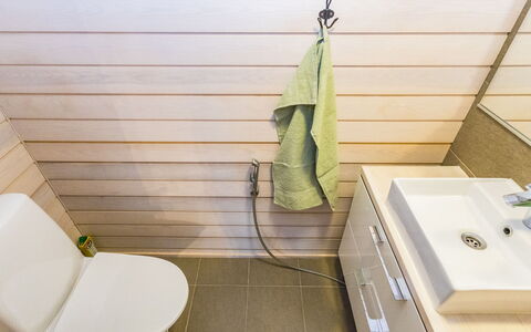 Villa Vesla: Bathroom, Flooring, Toilet Seat, Plumbing Fixture, Toilet, Floor, Wood, Interior Design, Plumbing, Bathroom Sink