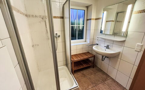 Haus 104 - Seepark Burhave: Floor, Flooring, Room, Wood Stain, Plumbing, Plumbing Fixture, Shower Door, Hardwood, Tile