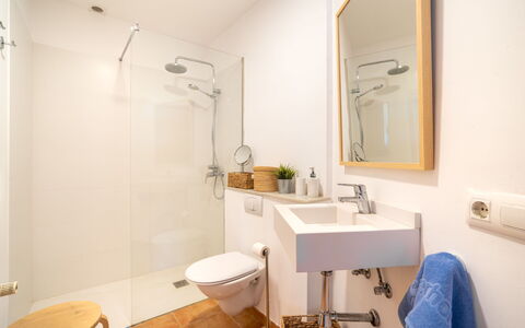 Vista Mar i Muntanya: Flooring, Interior Design, Floor, Bathroom, Plumbing Fixture, Wood, Bathroom Sink, Room, Tap, Mirror