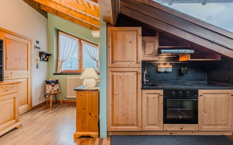 Pinzolo 5: Wood, Ceiling, Hardwood, Cabinetry, Wood Stain, Attic, Drawer, Cupboard, Kitchen, Log Cabin