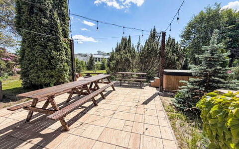 Švýcarka: Garden, Shade, Larch, Landscaping, Hardwood, Outdoor Furniture, Outdoor Bench, Fence, Picnic Table