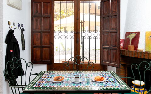 Nerja Beach Center: Furniture, Interior Design, Table, Flooring, Floor, Dining Room, Chair, Kitchen & Dining Room Table, Wood Stain, Glass
