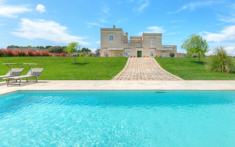 Masseria Ficalindia: Blue, Swimming Pool, Estate, Lawn, Garden, Landscaping, Villa, Yard, Mansion, Farmhouse