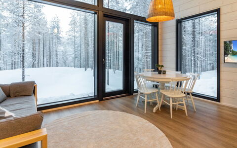 Soutaja Lodge: Wood, Home, Ceiling, Winter, Hardwood, Glass, Wood Flooring, Light Fixture, Daylighting, Log Cabin