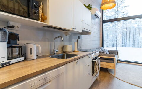 Soutaja Lodge: Kitchen, Countertop, Kitchen Appliance, Furniture, Wood, Interior Design, Flooring, Major Appliance, Cabinetry, Home Appliance