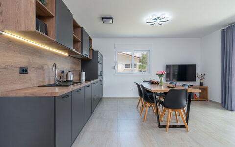 Ria with Heated Pool: Interior Design, Kitchen, Countertop, Furniture, Flooring, Wood, Ceiling, Floor, Cabinetry, Light Fixture