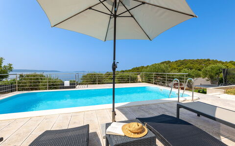 Ria with Heated Pool: Blue, Umbrella, Outdoor Furniture, Swimming Pool, Resort, Leisure, Furniture, Shade, Sunlounger, Chair