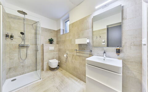 Sunny Terrace Oasis: Flooring, Floor, Interior Design, Bathroom, Plumbing Fixture, Ceiling, Toilet, Plumbing, Room