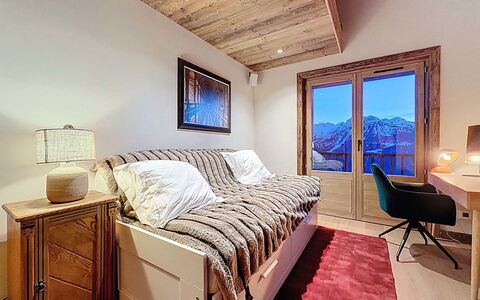 Chalet Shangri-La: Furniture, Interior Design, Bed, Bedroom, Wood, Ceiling, Floor, Room, Bed Sheet, Flooring
