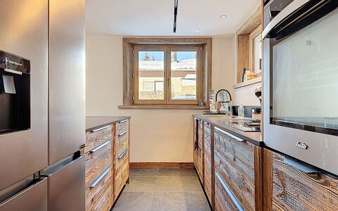 Chalet Shangri-La: Kitchen, Countertop, Cabinetry, Wood, Flooring, Kitchen Appliance, Furniture, Major Appliance, Home Appliance, Interior Design