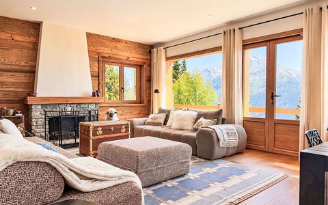 Chalet Shangri-La: Furniture, Interior Design, Wood, Flooring, Couch, Living Room, Floor, Room, Ceiling, Home