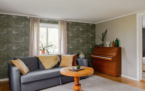 Hönetorpet: Furniture, Flooring, Interior Design, Wood, Floor, Ceiling, Wood Flooring, Room, Living Room, Home