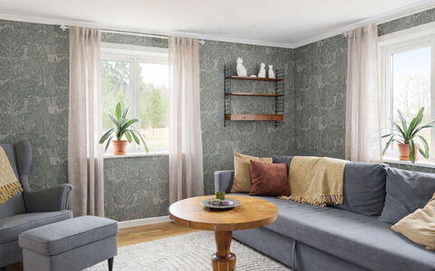 Hönetorpet: Furniture, Interior Design, Flooring, Wood, Floor, Textile, Living Room, Room, Table, Lighting