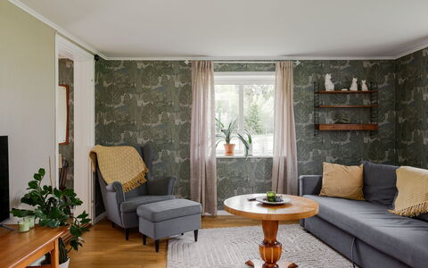 Hönetorpet: Furniture, Interior Design, Flooring, Wall, Wood, Floor, Ceiling, Living Room, Table, Room