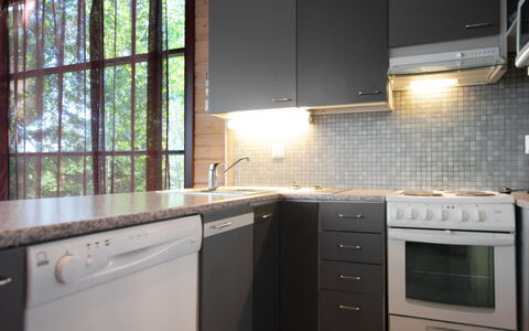 Tiirinniemi 27 a: Kitchen, Countertop, Kitchen Appliance, Kitchen Sink, Cabinetry, Major Appliance, Flooring, Interior Design, Wood, Furniture