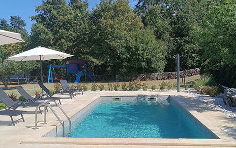 Villa Križanci: Swimming Pool, Resort, Outdoor Furniture, Composite Material, Shade, Garden, Water Feature, Landscaping, Umbrella, Backyard