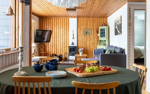 Solgläntan: Furniture, Interior Design, Flooring, Wood, Ceiling, Light Fixture, Chair, Table, Floor, Dining Room