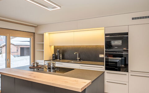 Chesa Giere: Kitchen, Interior Design, Flooring, Countertop, Wood, Ceiling, Kitchen Appliance, Light Fixture, Cabinetry, Lighting