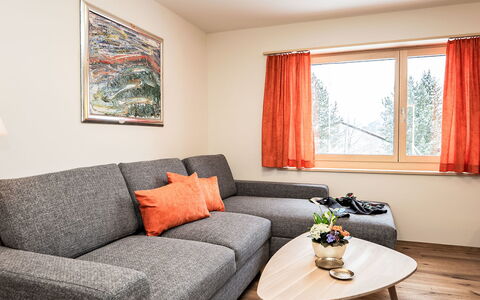 Chesa Giere: Furniture, Couch, Interior Design, Wood, Flooring, Living Room, Apartment, Home, Floor, Orange