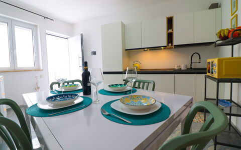 Casa Kalès Otranto – Holiday Home 4 Guests – Ac, W: Furniture, Interior Design, Flooring, Ceiling, Room, Lighting, Floor, Light Fixture, Table, Kitchen