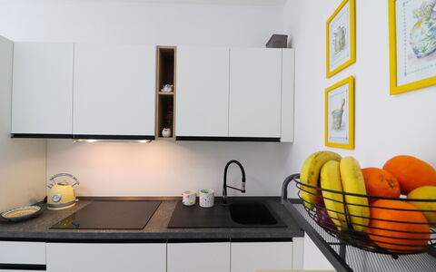 Casa Kalès Otranto – Holiday Home 4 Guests – Ac, W: Kitchen, Countertop, Kitchen Appliance, Interior Design, Cabinetry, Major Appliance, Furniture, Home Appliance, Lighting, Flooring