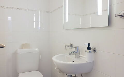 Apt. Hermosa: Bathroom, Bathroom Sink, Plumbing Fixture, Sink, Wall, Interior Design, Flooring, Toilet Seat, Toilet, Tap