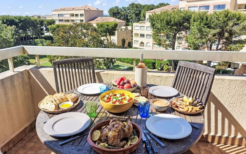 Six Fours la Coudoulière 645: Outdoor Furniture, Furniture, Residential Area, Apartment, Outdoor Table, Shade, Condominium, Chair, Garden, Kitchen & Dining Room Table