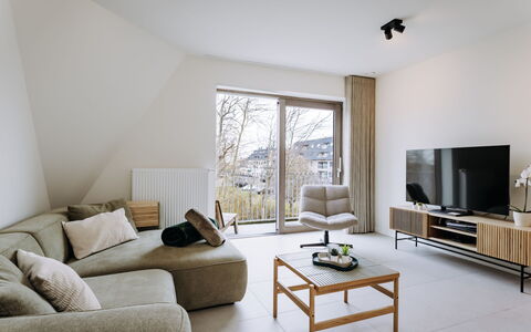 West Bay with Parking & Balcony: Furniture, Interior Design, Flooring, Wall, Floor, Couch, Wood, Ceiling, Living Room, Room