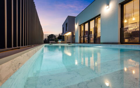 The Tinel: Blue, Swimming Pool, Dusk, Composite Material, Evening, Resort, Hotel, Design, Eco Hotel, Villa