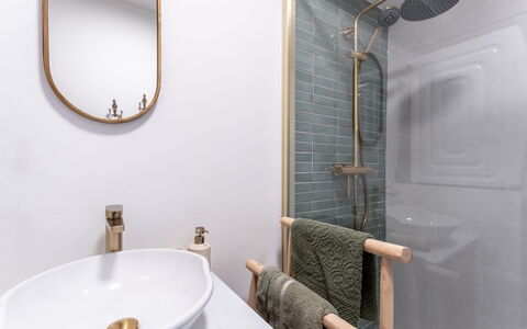 Sand Beach: Plumbing Fixture, Interior Design, Bathroom, Plumbing, Tap, Mirror, Light Fixture, Tile, Toilet, Sink