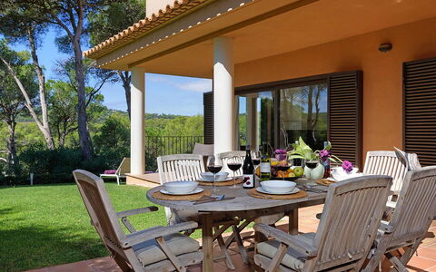 Villa Crab: Furniture, Outdoor Furniture, Chair, Table, Outdoor Table, Kitchen & Dining Room Table, Shade, Patio, Garden, Wood Stain