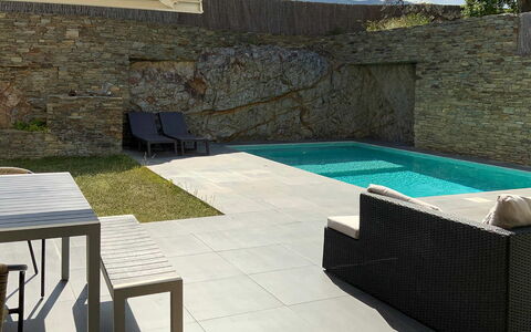 Villa Luisa: Swimming Pool, Outdoor Furniture, Composite Material, Shade, Concrete, Flagstone, Tile, Backyard, Chair, Resort