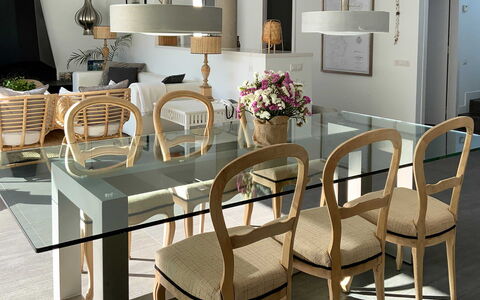 Villa Luisa: Furniture, Wood, Table, Dining Room, Kitchen & Dining Room Table, Chair, Interior Design, Flooring, Floor, Wood Stain