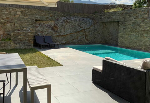 Villa Luisa: Swimming Pool, Outdoor Furniture, Composite Material, Shade, Concrete, Flagstone, Tile, Backyard, Chair, Resort