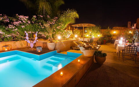 Riad Ikram: Swimming Pool, Resort, Flowerpot, Lighting, Night, Eco Hotel, Landscape Lighting, Outdoor Furniture, Hacienda, Houseplant