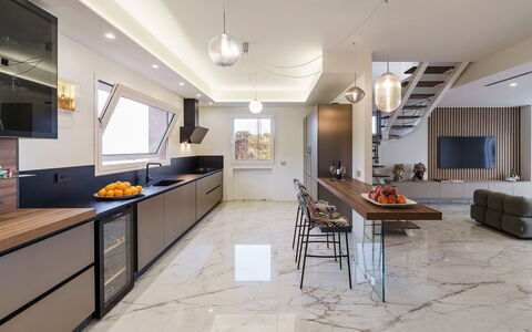 Villa Shelly: Interior Design, Flooring, Furniture, Floor, Wall, Light Fixture, Wood, Ceiling, Kitchen, Lighting