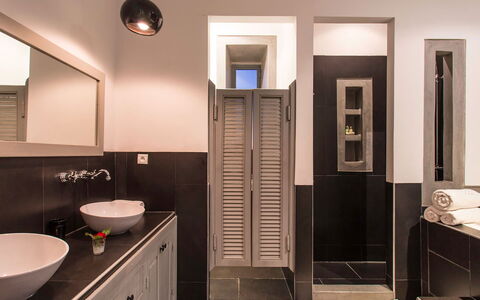 Villa Elio: Interior Design, Bathroom, Plumbing Fixture, Flooring, Wall, Floor, Bathroom Sink, Sink, Ceiling, Light Fixture