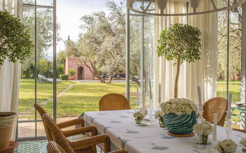 Villa Mauri: Furniture, Chair, Table, Interior Design, Kitchen & Dining Room Table, Lighting, Dining Room, Shade, Restaurant, Houseplant