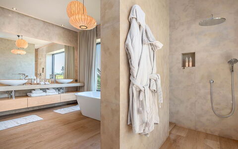 Villa Amrabat: Flooring, Interior Design, Floor, Plumbing Fixture, Wood, Bathroom, Ceiling, Lighting, Plumbing, Home