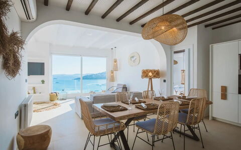 Villa Sonia: Furniture, Wood, Interior Design, Table, Chair, Floor, Room, Sea, Kitchen & Dining Room Table, Ceiling