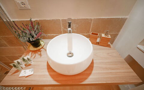 Trulli Heaven: Plumbing Fixture, Bathroom Sink, Sink, Tap, Plumbing, Bathroom, Hardwood, Wood Stain