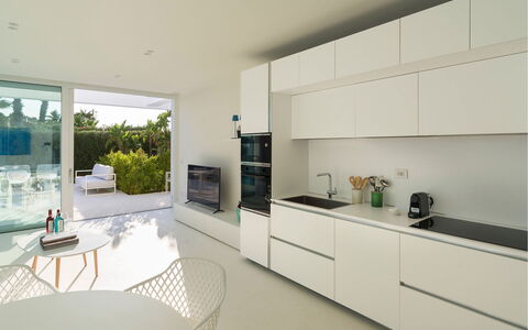 Villa Zora: Interior Design, Flooring, Kitchen, Countertop, Floor, Ceiling, Furniture, Kitchen Appliance, Cabinetry, Apartment
