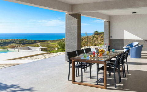 Villa Lily: Furniture, Outdoor Furniture, Table, Chair, Kitchen & Dining Room Table, Outdoor Table, Restaurant, Dining Room, Patio, Coffee Table