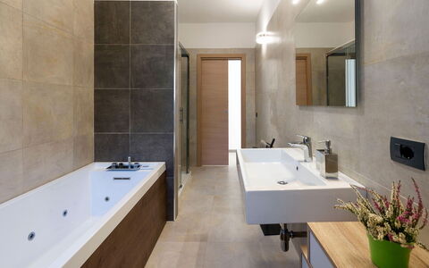 Villa Lily: Bathroom, Flooring, Plumbing Fixture, Wall, Interior Design, Floor, Sink, Tap, Bathroom Sink, Bathtub