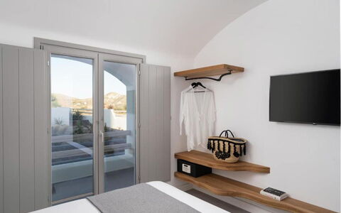 Villa Akrotiri: Interior Design, Bedroom, Bed, Design, Wood Stain, Hardwood, Linens, Bedding, Bed Frame, Pillow